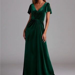 Azazie Soren Deep Green Velvet V-Neck Maxi Dress